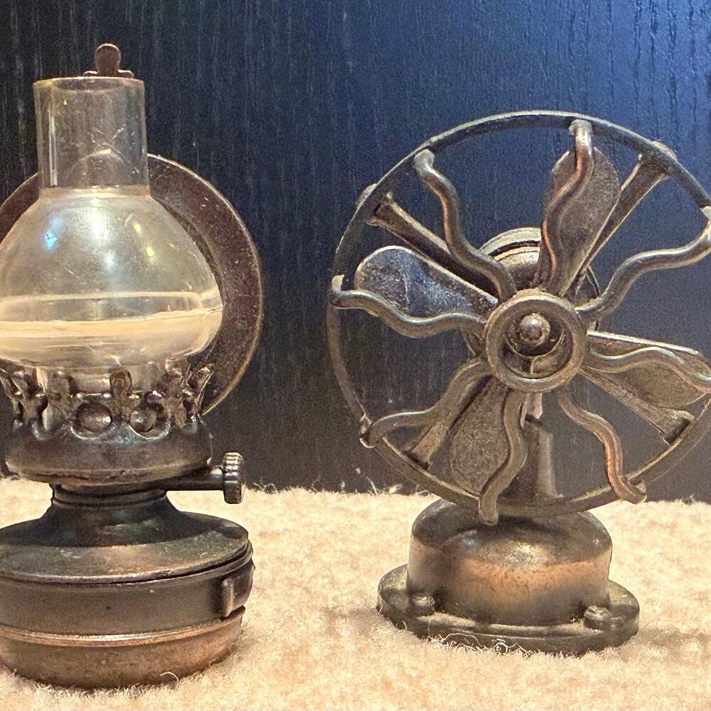 Vintage Die-Cast Metal Miniature Pencil Sharpener Set - Oil Lamp & Fan